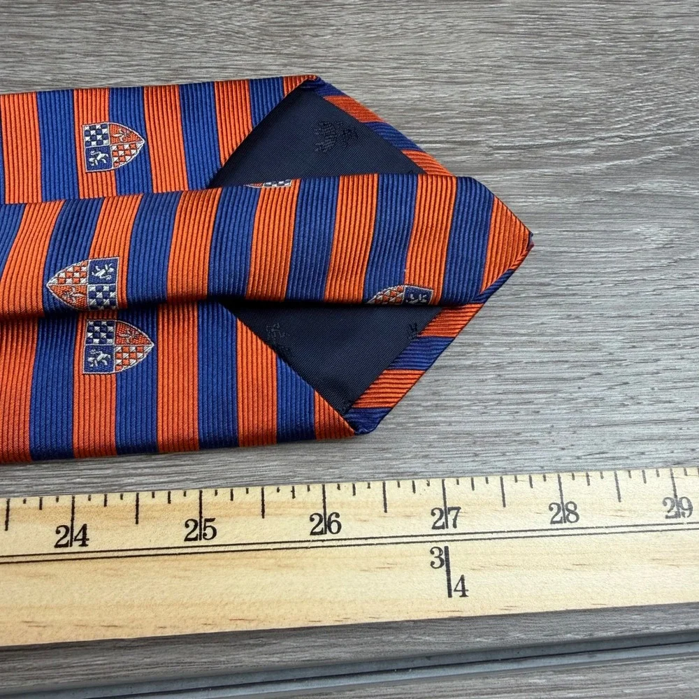 Brooks Brothers Mens Necktie Silk Striped Crest Orange Blue 3.75in OS